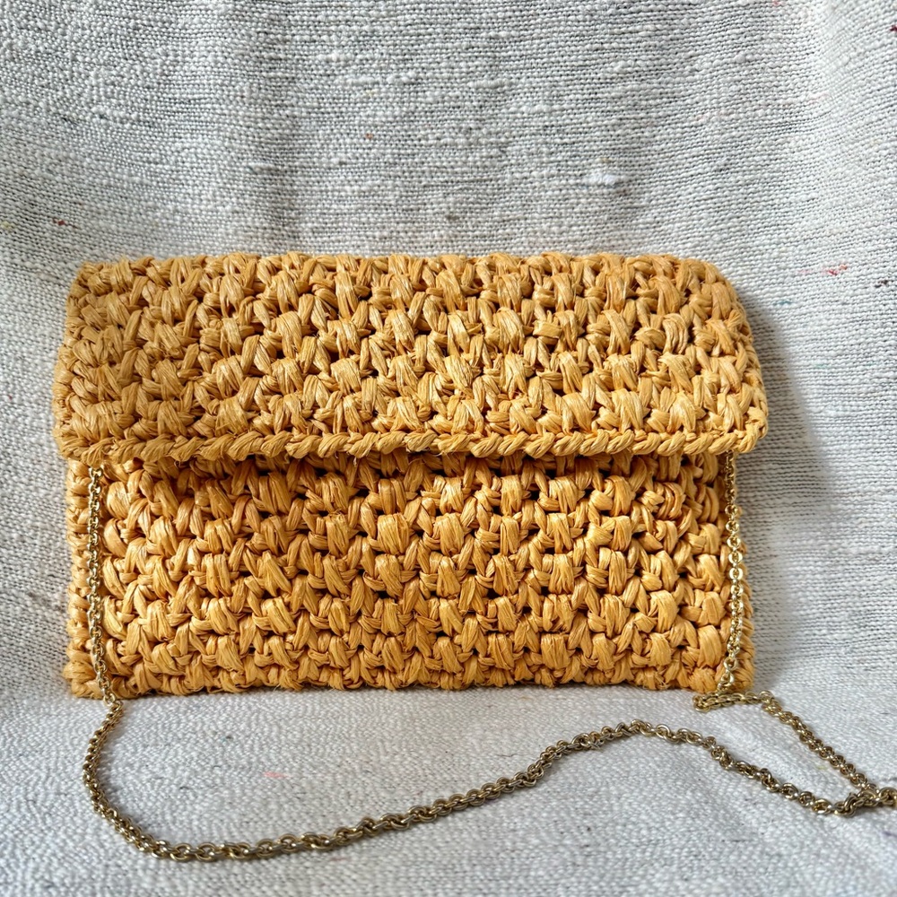 VINTAGE RODO Italy Raffia Woven Clutch Bag with Chain Strap